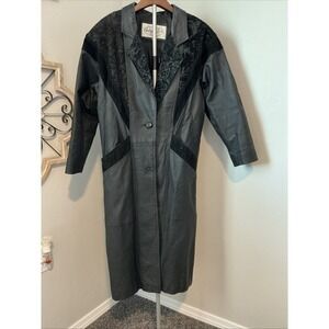 Vintage 80s Winlit Long Black Leather Jacket Trench Women's Size‎ S